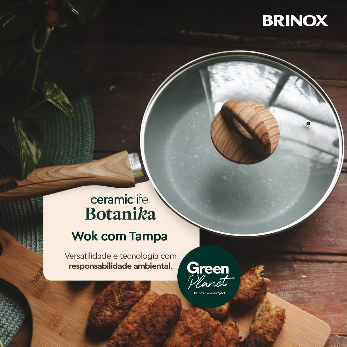 Wok de Indução com Tampa Brinox Botanika Antiaderente Ceramic Life Ø28cm 3,4 Litros Verde
