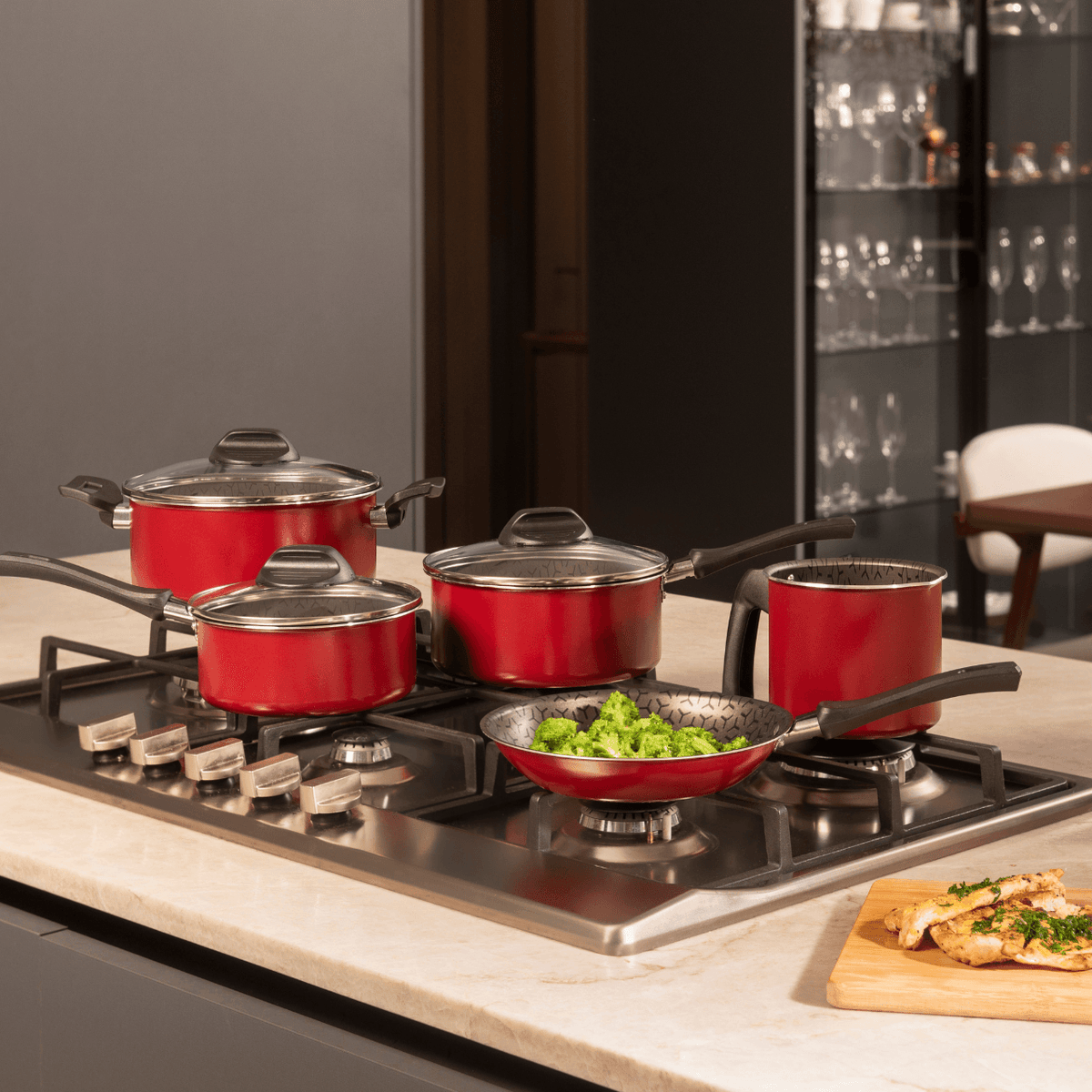 Jogo de Panelas Brinox Antiaderente Pro-Flon 5 Peças Anis Borgonha