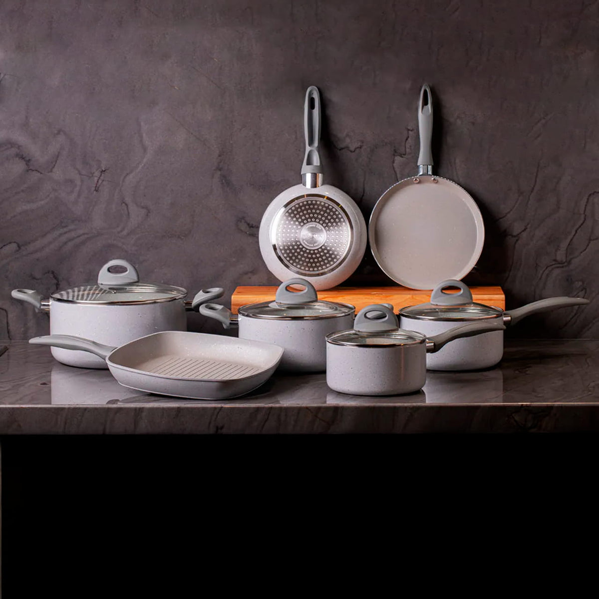 Jogo de Panelas Brinox Antiaderente Ceramic Life 7 Peças Marble Blend com Indução Cinza Claro