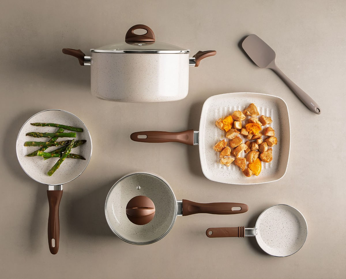 Jogo de Panelas Brinox Antiaderente Ceramic Life 8 Peças Smart Plus Vanilla