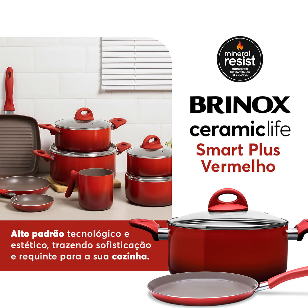 Jogo de Panelas Brinox Antiaderente Ceramic Life 8 Peças Smart Plus Vermelho