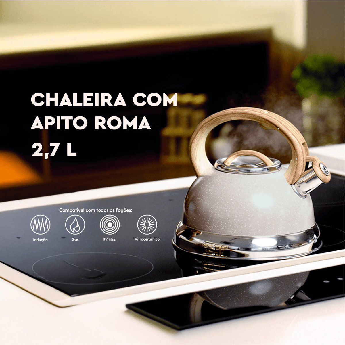 Chaleira de Inox com Indução e Apito Brinox Roma 2,7 Litros Areia