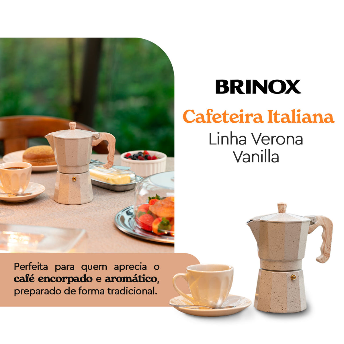 Cafeteira Italiana Brinox Verona 6 Xícaras em Alumínio Vanilla