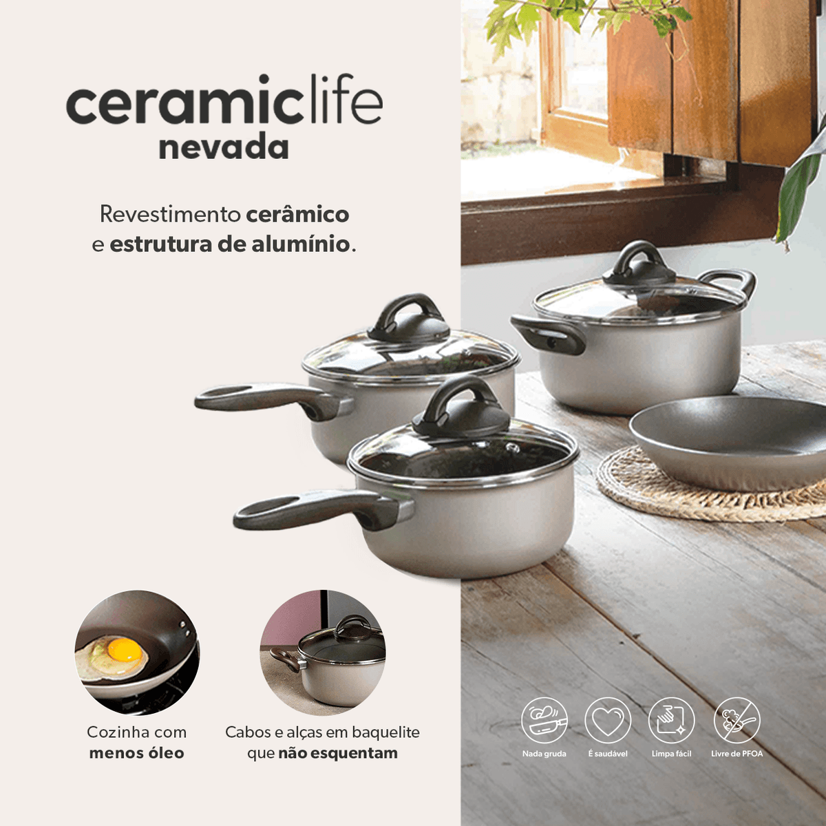 Jogo de Panelas Brinox Antiaderente Ceramic Life 10 Peças Nevada Champanhe