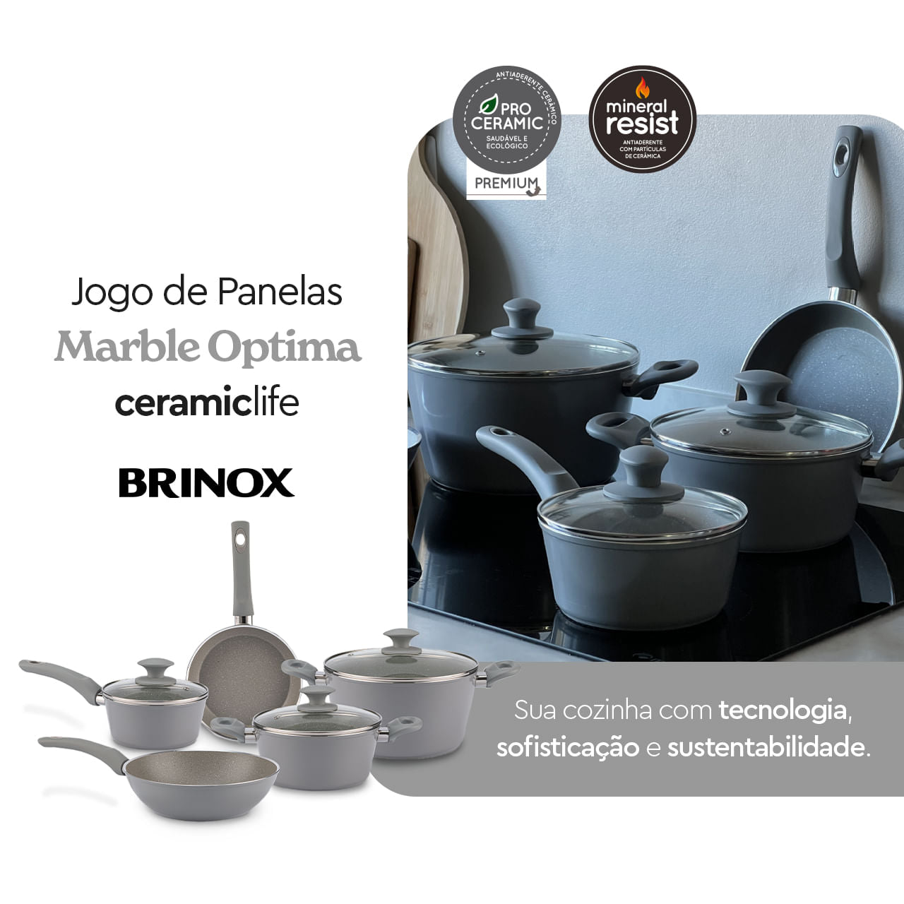Jogo de Panelas Brinox Antiaderente Ceramic Life 5 Peças Marble Optima com Indução Cinza