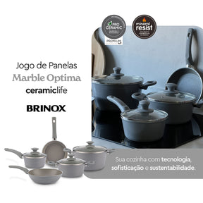 Jogo de Panelas Brinox Antiaderente Ceramic Life 5 Peças Marble Optima com Indução Cinza