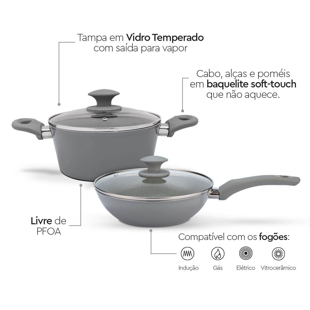 Jogo de Panelas Brinox Antiaderente Ceramic Life 5 Peças Marble Optima com Indução Cinza