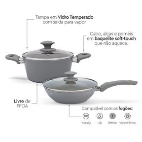 Jogo de Panelas Brinox Antiaderente Ceramic Life 5 Peças Marble Optima com Indução Cinza