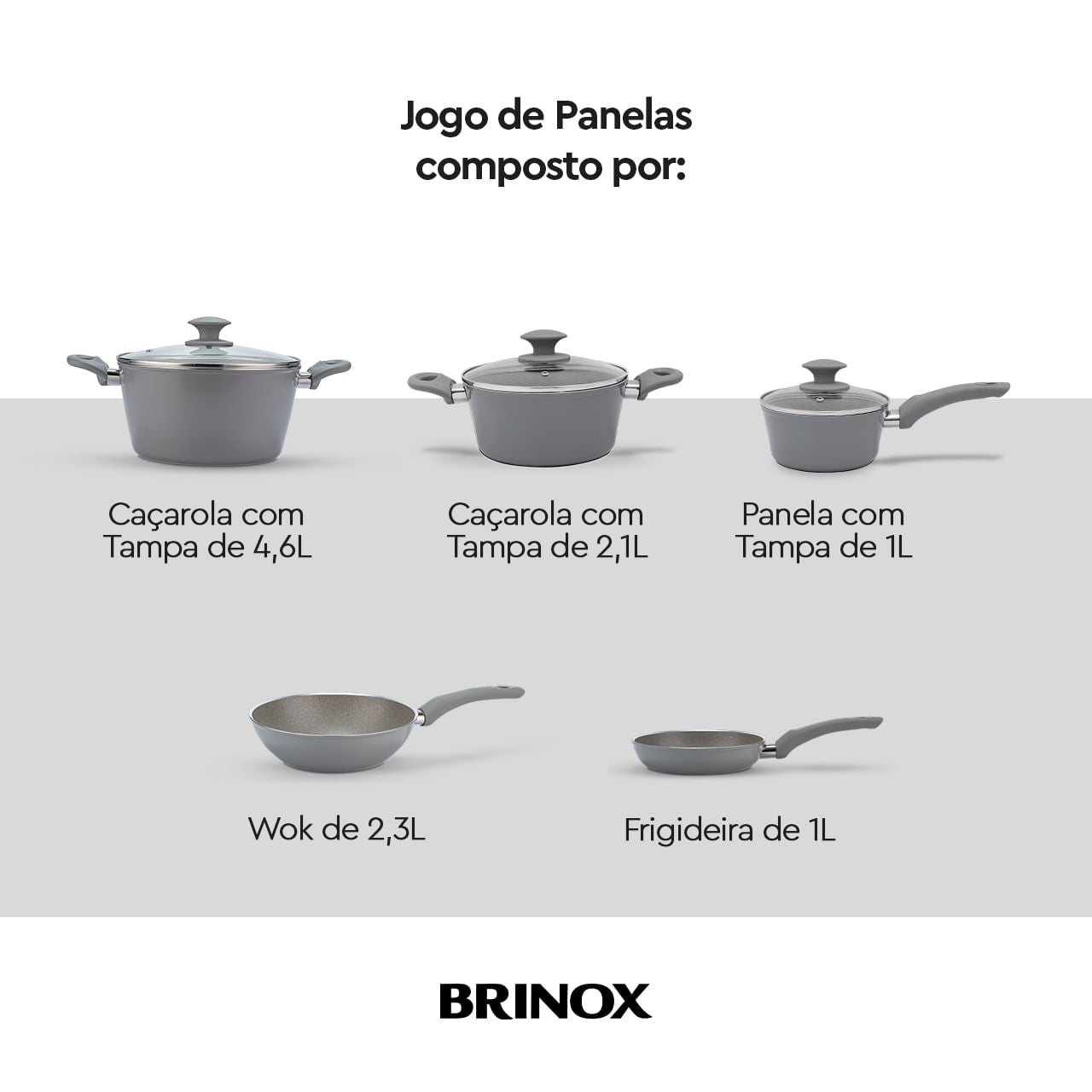 Jogo de Panelas Brinox Antiaderente Ceramic Life 5 Peças Marble Optima com Indução Cinza