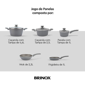 Jogo de Panelas Brinox Antiaderente Ceramic Life 5 Peças Marble Optima com Indução Cinza