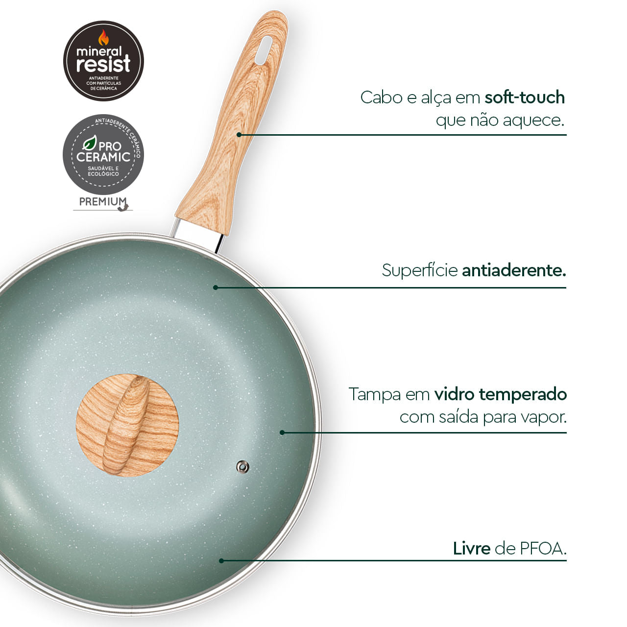 Wok de Indução com Tampa Brinox Botanika Antiaderente Ceramic Life Ø28cm 3,4 Litros Verde