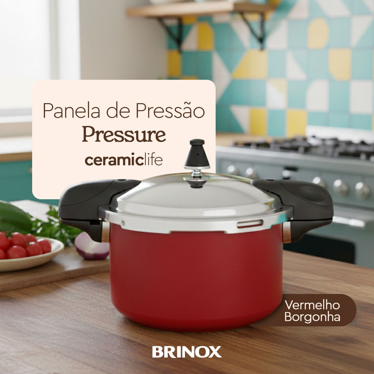 Panela de Pressão Indução Brinox Pressure Antiaderente Ceramic Life 5,4 Litros Borgonha