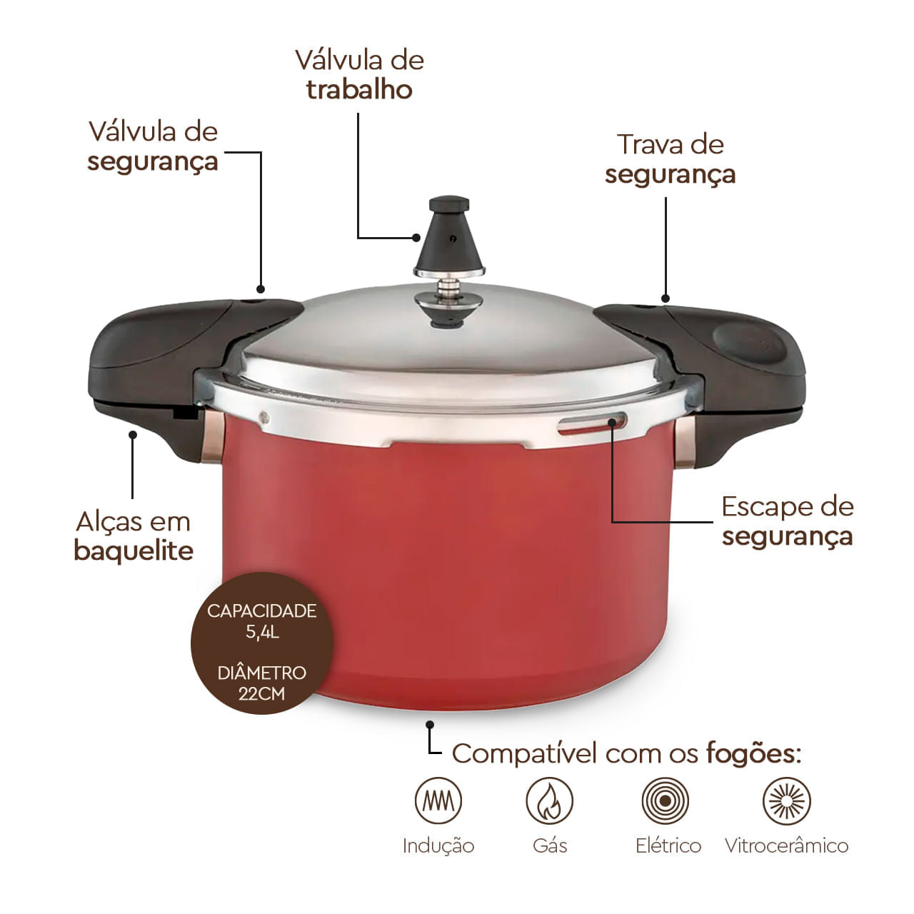 Panela de Pressão Indução Brinox Pressure Antiaderente Ceramic Life 5,4 Litros Borgonha