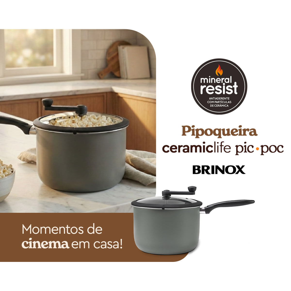 Pipoqueira Brinox Pic Poc Antiaderente Ceramic Life 5,5 Litros Ø22cm Camurça