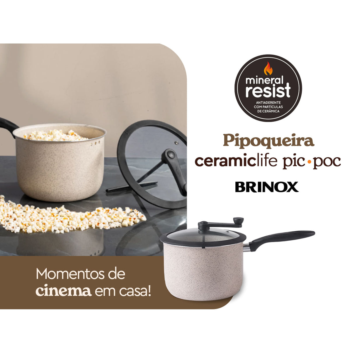 Pipoqueira Brinox Pic Poc Antiaderente Ceramic Life 5,5 Litros Ø22cm Vanilla