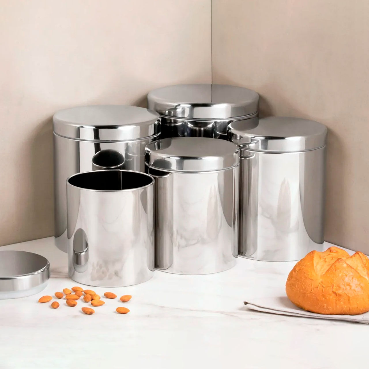 Conjunto de Potes para Mantimentos com Tampa e Visor Brinox Suprema 5 Peças Aço Inox