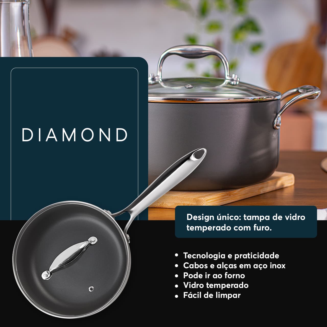 Grill Indução Brinox Diamond Antiaderente Pro-Flon Premium 26 cm 1,9 Litros Cinza