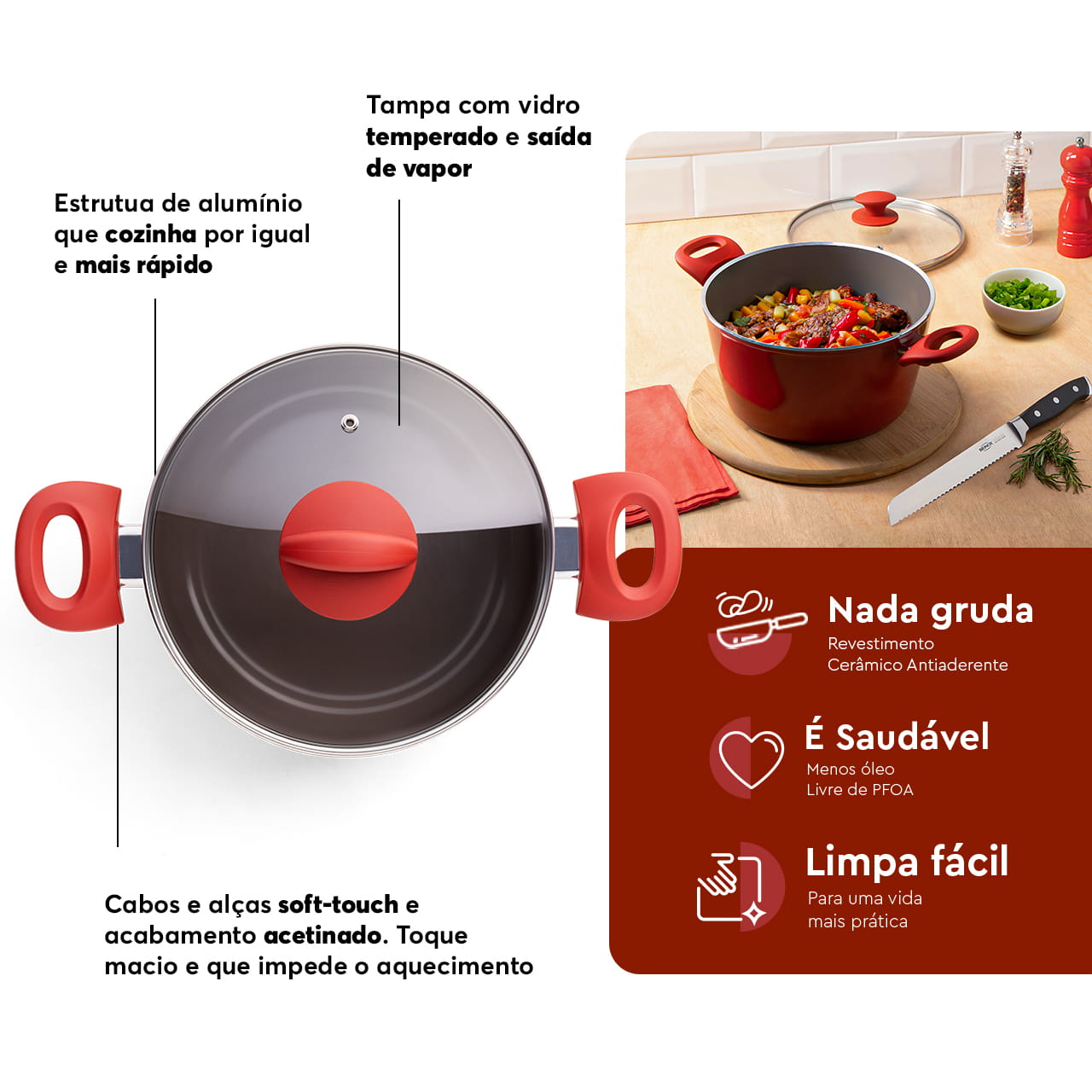 Jogo de Panelas Brinox Antiaderente Ceramic Life 5 Peças Optima com Indução Vermelho Carmin