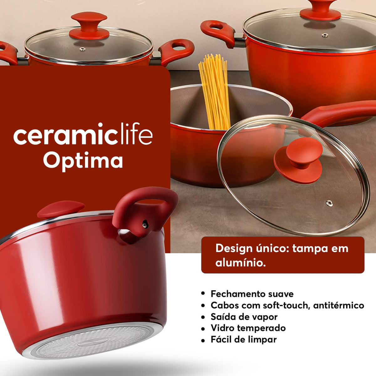 Jogo de Panelas Brinox Antiaderente Ceramic Life 5 Peças Optima com Indução Vermelho Carmin