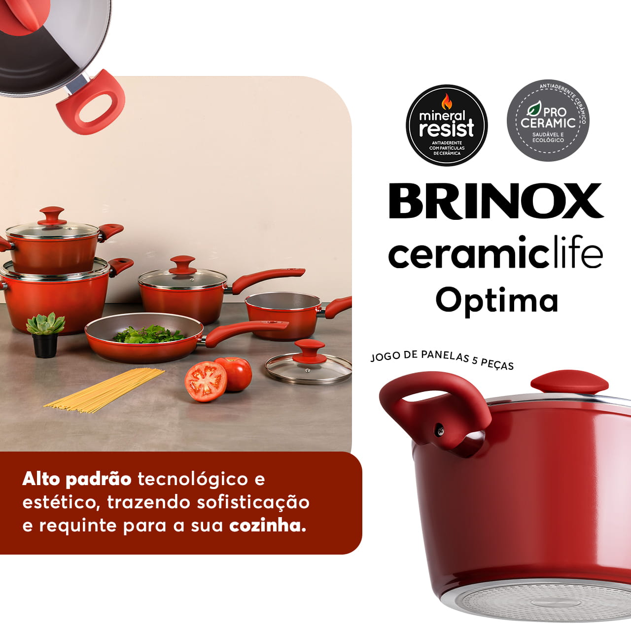 Jogo de Panelas Brinox Antiaderente Ceramic Life 5 Peças Optima com Indução Vermelho Carmin