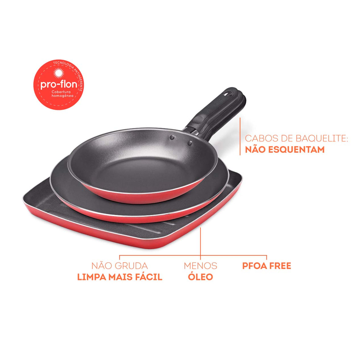 Jogo de Frigideiras Brinox Garlic Antiaderente Pro-flon 3 Peças Vermelho