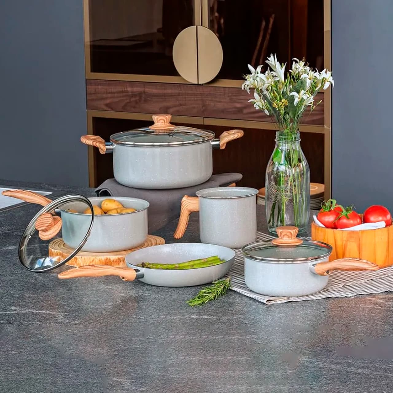 Jogo de Panelas Brinox Antiaderente Ceramic Life 5 Peças Easy Gris