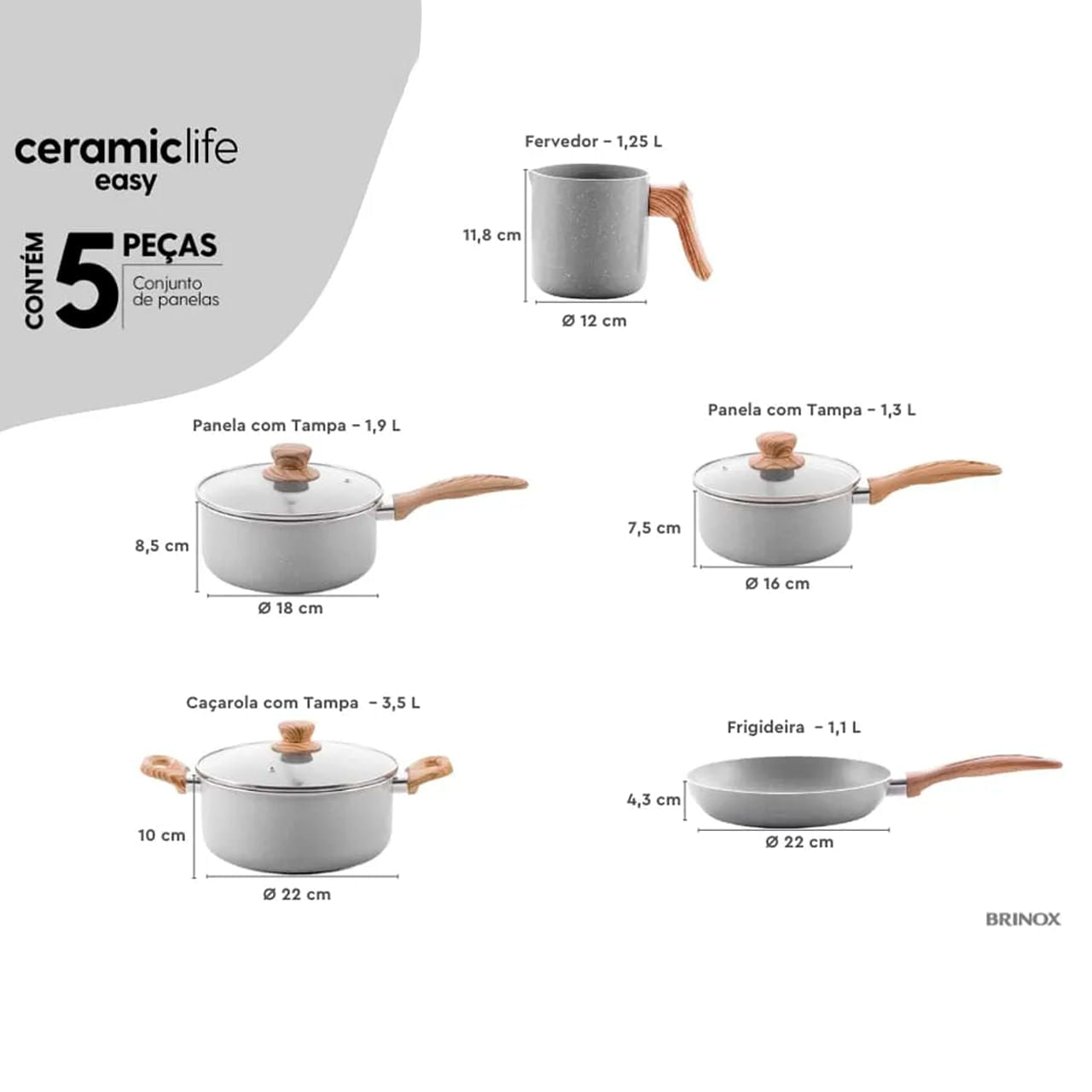 Jogo de Panelas Brinox Antiaderente Ceramic Life 5 Peças Easy Gris