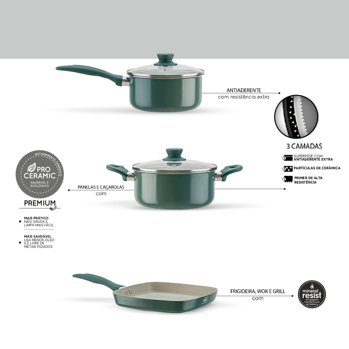 Jogo de Panelas Brinox Antiaderente Ceramic Life 7 Peças Easy Verde Jade