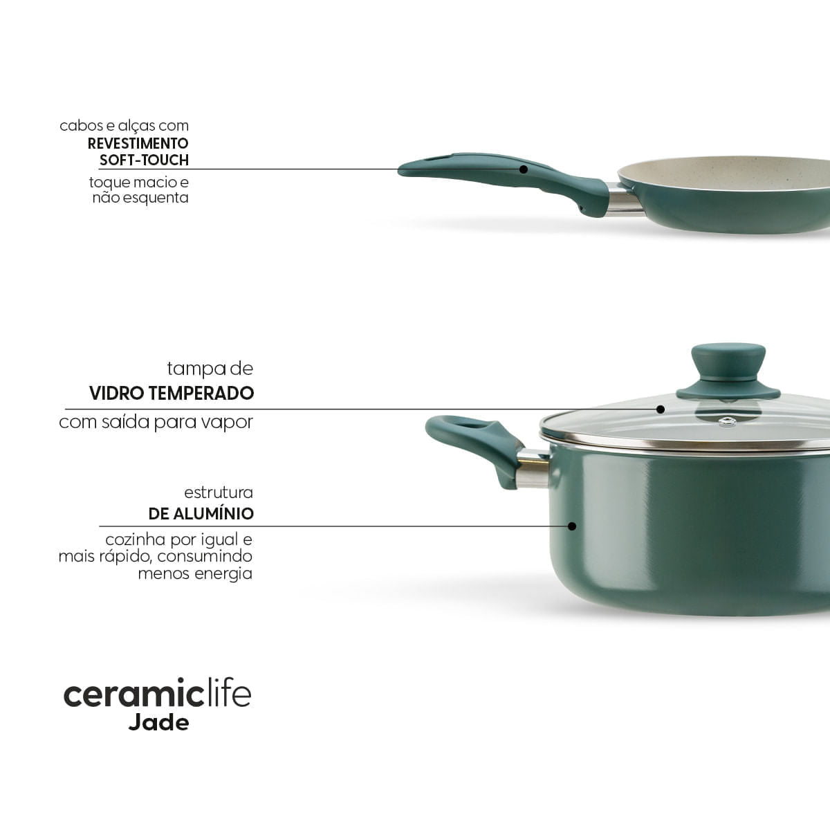 Jogo de Panelas Brinox Antiaderente Ceramic Life 7 Peças Easy Verde Jade