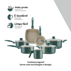 Jogo de Panelas Brinox Antiaderente Ceramic Life 7 Peças Easy Verde Jade