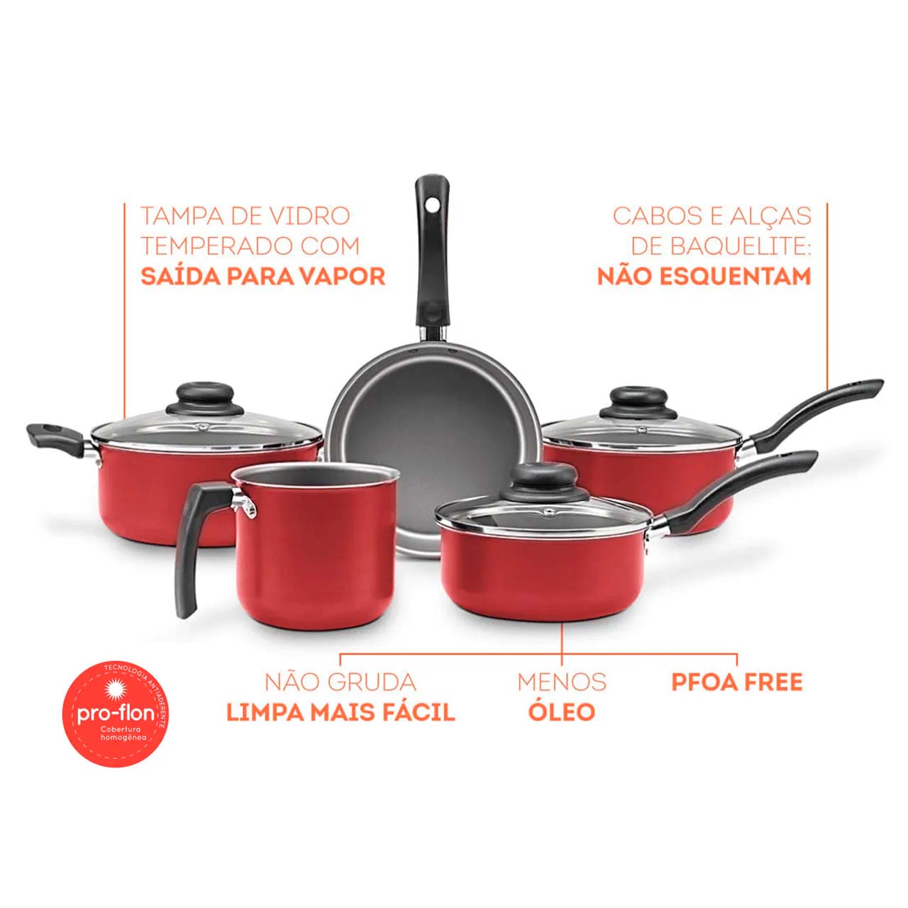 Jogo de Panelas Brinox Antiaderente Pro-Flon 5 Peças Ruby Vermelho