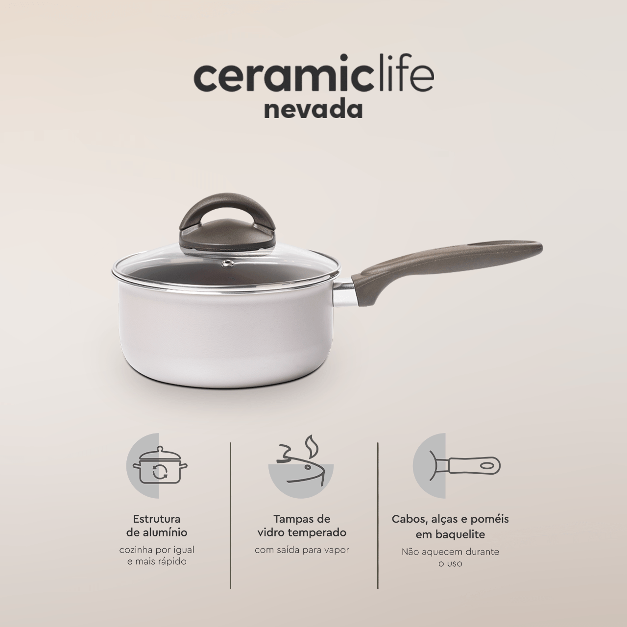 Jogo de Panelas Brinox Antiaderente Ceramic Life 10 Peças Nevada Champanhe