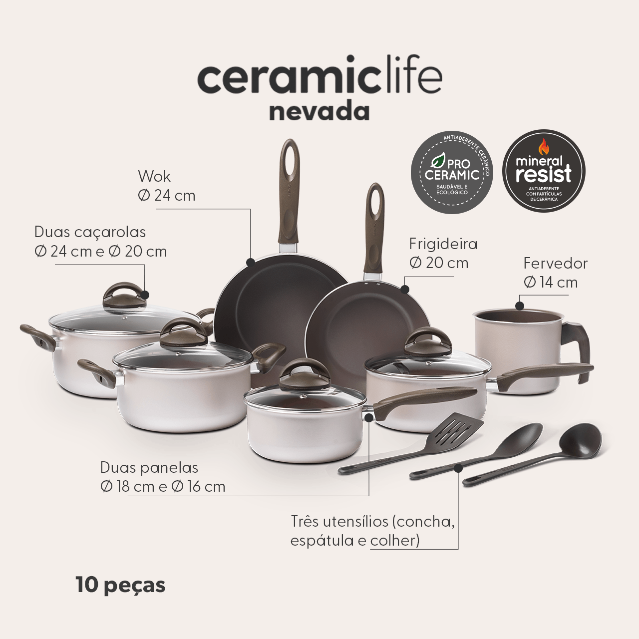 Jogo de Panelas Brinox Antiaderente Ceramic Life 10 Peças Nevada Champanhe