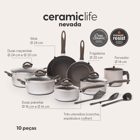 Jogo de Panelas Brinox Antiaderente Ceramic Life 10 Peças Nevada Champanhe