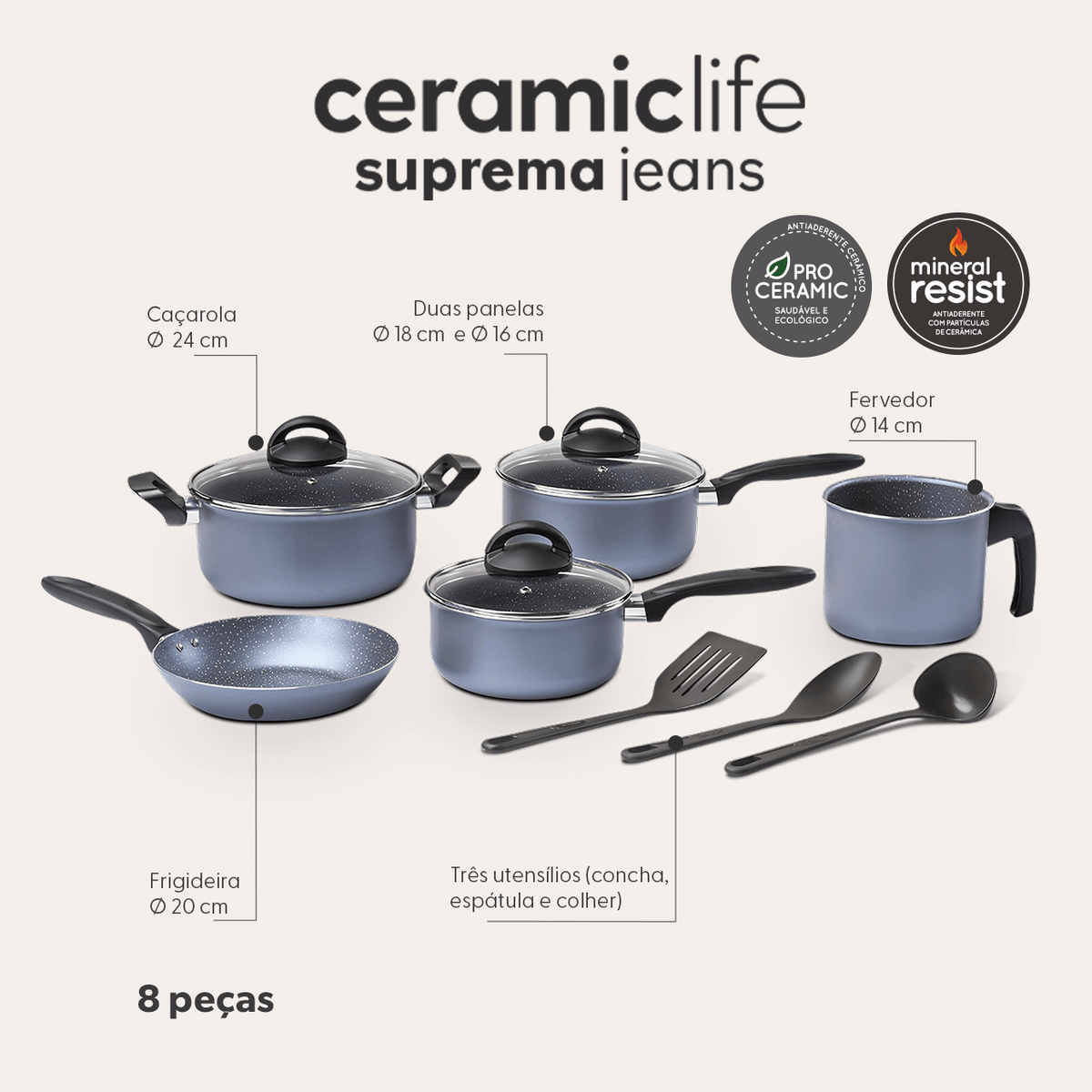 Jogo de Panelas Brinox Antiaderente Ceramic Life 8 Peças Suprema Jeans