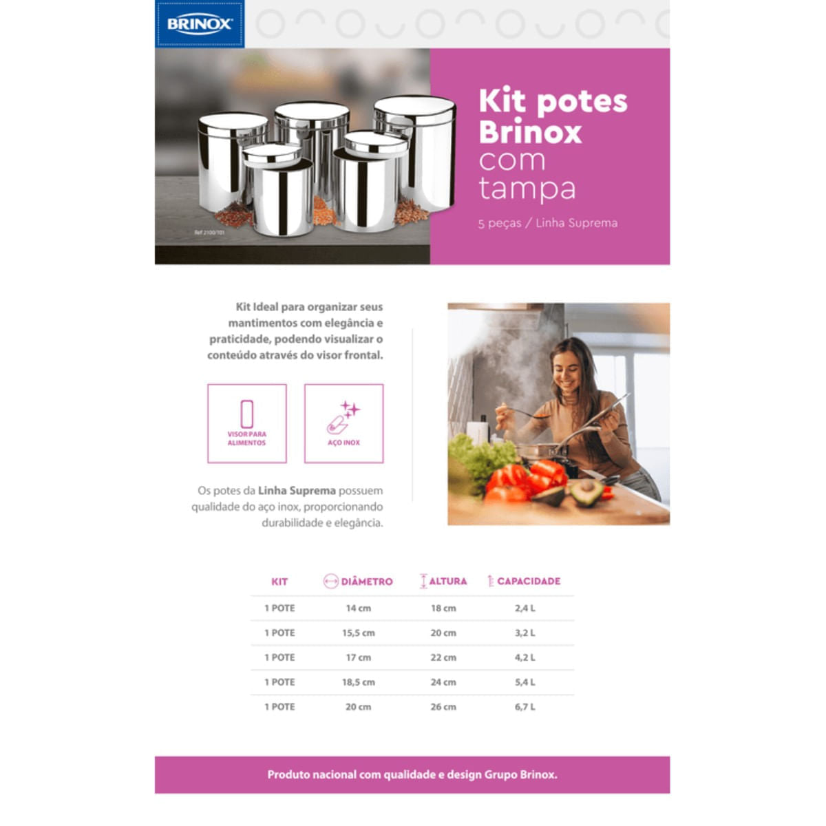 Conjunto de Potes para Mantimentos com Tampa e Visor Brinox Suprema 5 Peças Aço Inox