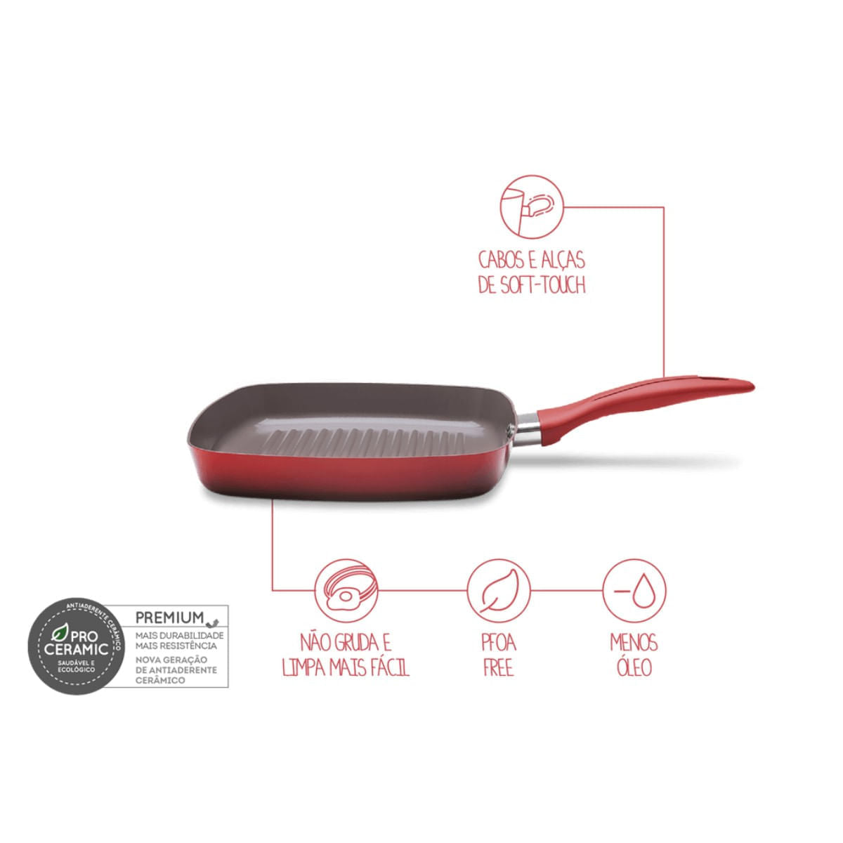 Grill Brinox Easy Antiaderente Mineral Resist Ceramic Life 24cm 1,35L Vermelho