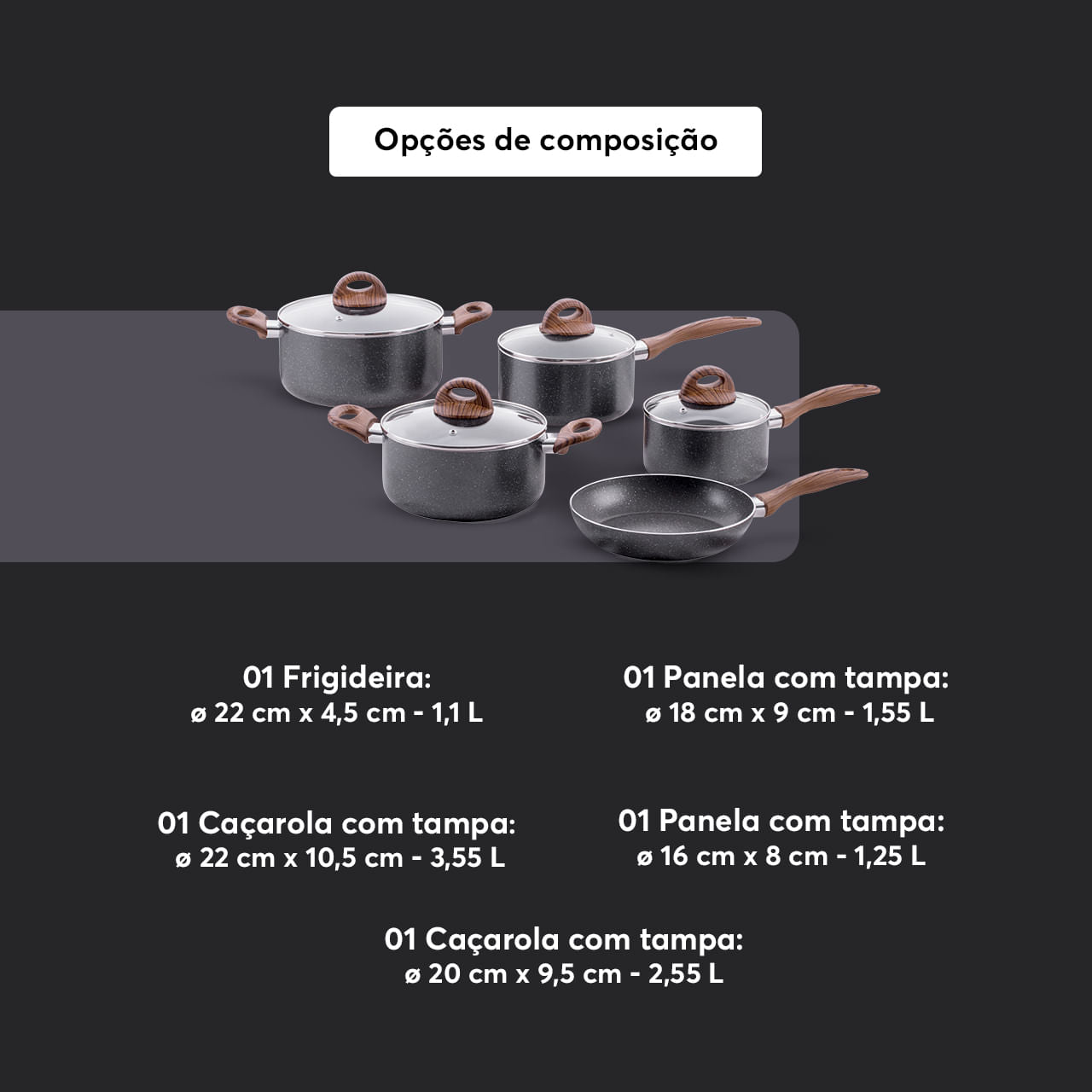 Jogo de Panelas Brinox Antiaderente Ceramic Life 5 Peças Smart Plus com Indução Granito