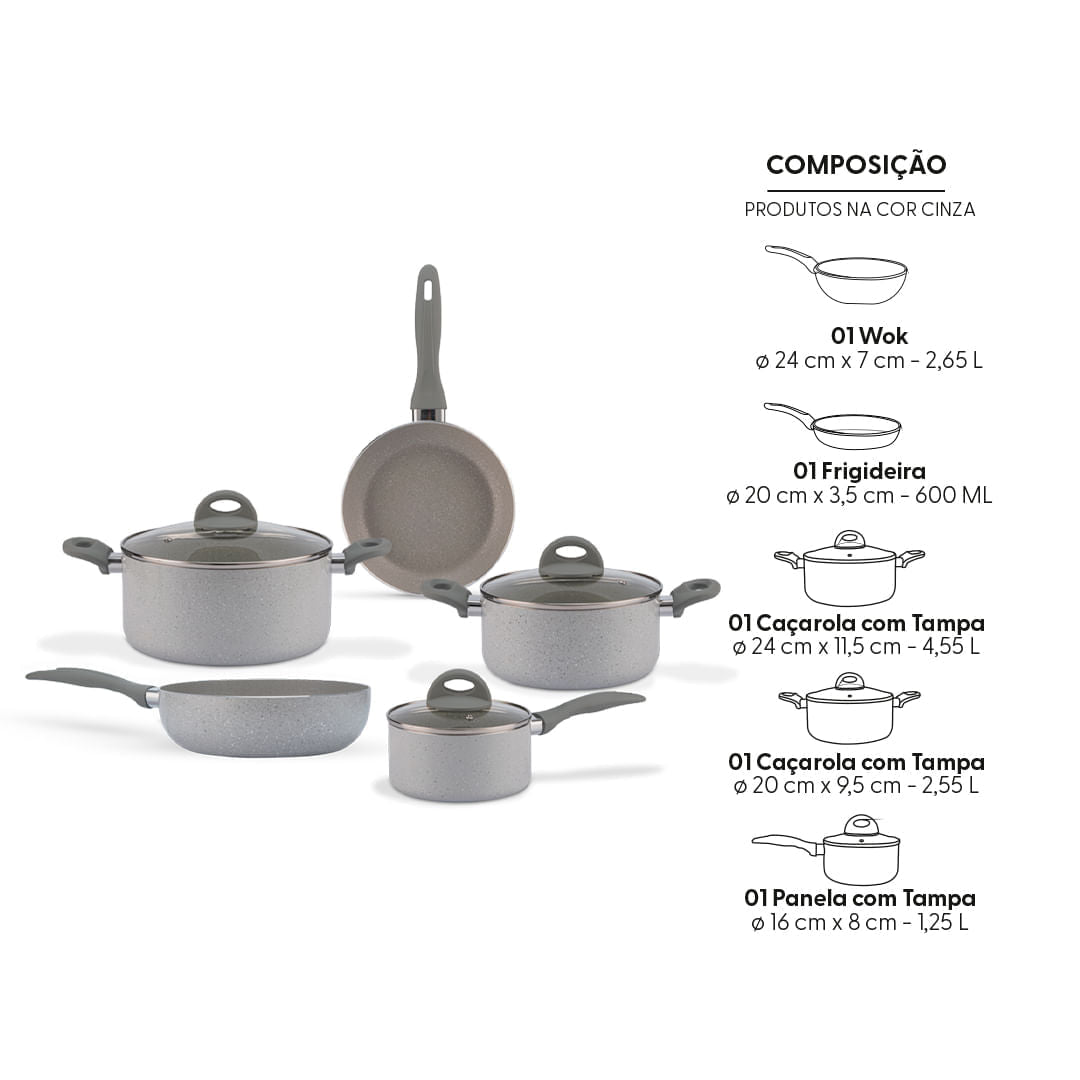 Jogo de Panelas Brinox Antiaderente Ceramic Life 5 Peças Marble Blend com Indução Cinza Claro