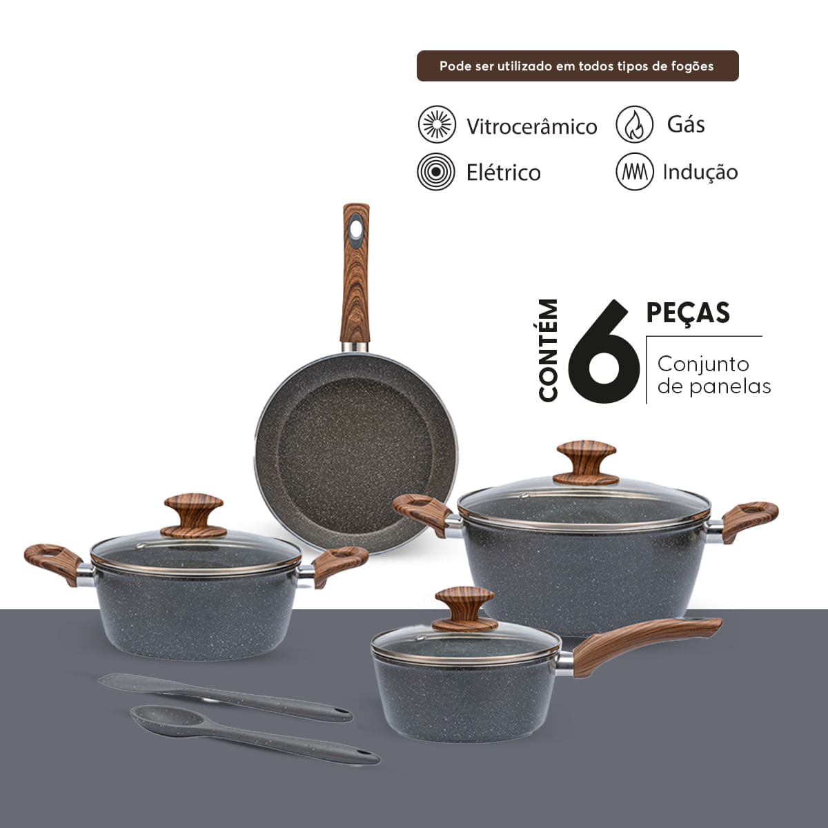 Jogo de Panelas Brinox Antiaderente Ceramic Life 6 Peças Marble Wood com Indução Cinza Escuro