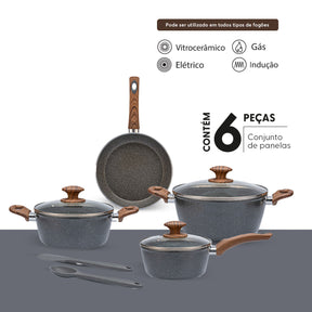 Jogo de Panelas Brinox Antiaderente Ceramic Life 6 Peças Marble Wood com Indução Cinza Escuro