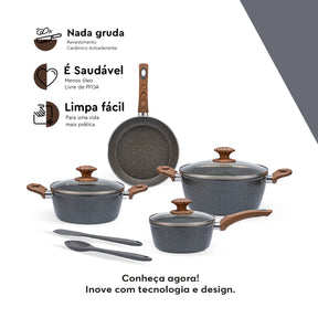 Jogo de Panelas Brinox Antiaderente Ceramic Life 6 Peças Marble Wood com Indução Cinza Escuro