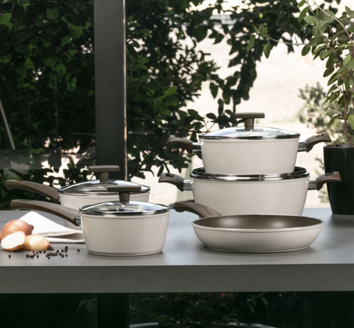Jogo de Panelas Brinox Antiaderente Ceramic Life 5 Peças Organika com Indução Nata