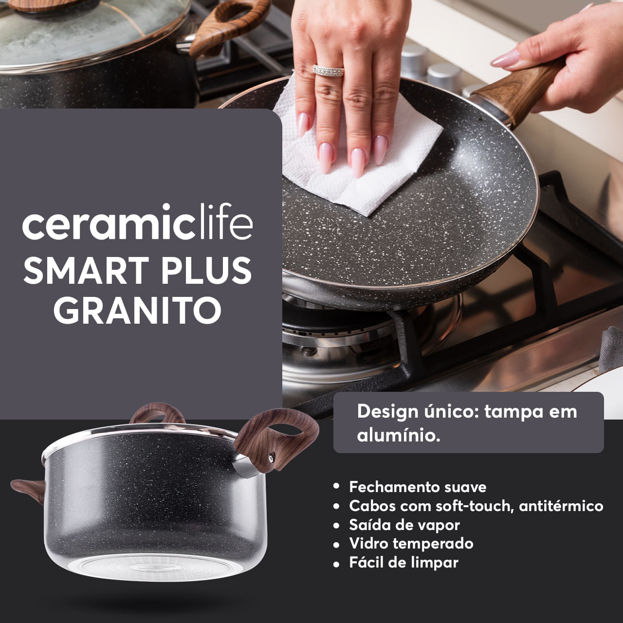 Jogo de Panelas Brinox Antiaderente Ceramic Life 5 Peças Smart Plus com Indução Granito