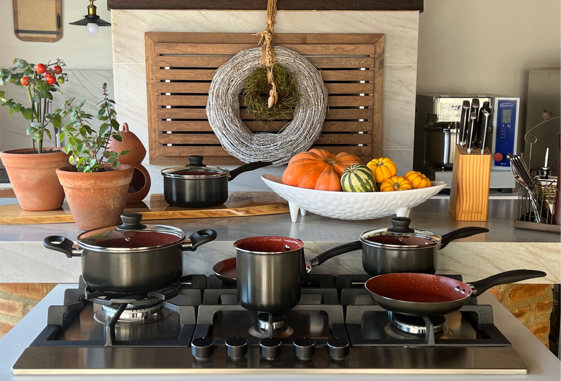 Jogo de Panelas Brinox Antiaderente Ceramic Life 6 Peças Easy Carbono-Vermelho