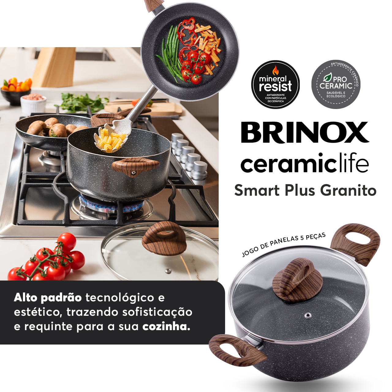 Jogo de Panelas Brinox Antiaderente Ceramic Life 5 Peças Smart Plus com Indução Granito