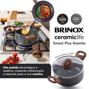 Jogo de Panelas Brinox Antiaderente Ceramic Life 5 Peças Smart Plus com Indução Granito