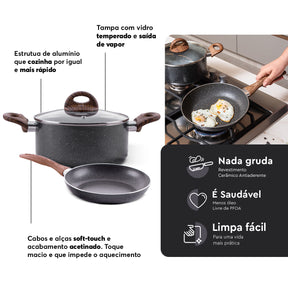 Jogo de Panelas Brinox Antiaderente Ceramic Life 5 Peças Smart Plus com Indução Granito