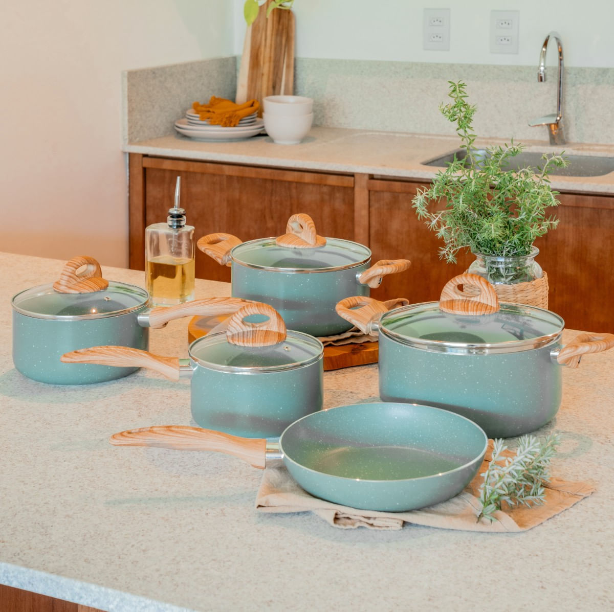 Jogo de Panelas Brinox Antiaderente Ceramic Life 5 Peças Botanika com Indução Verde