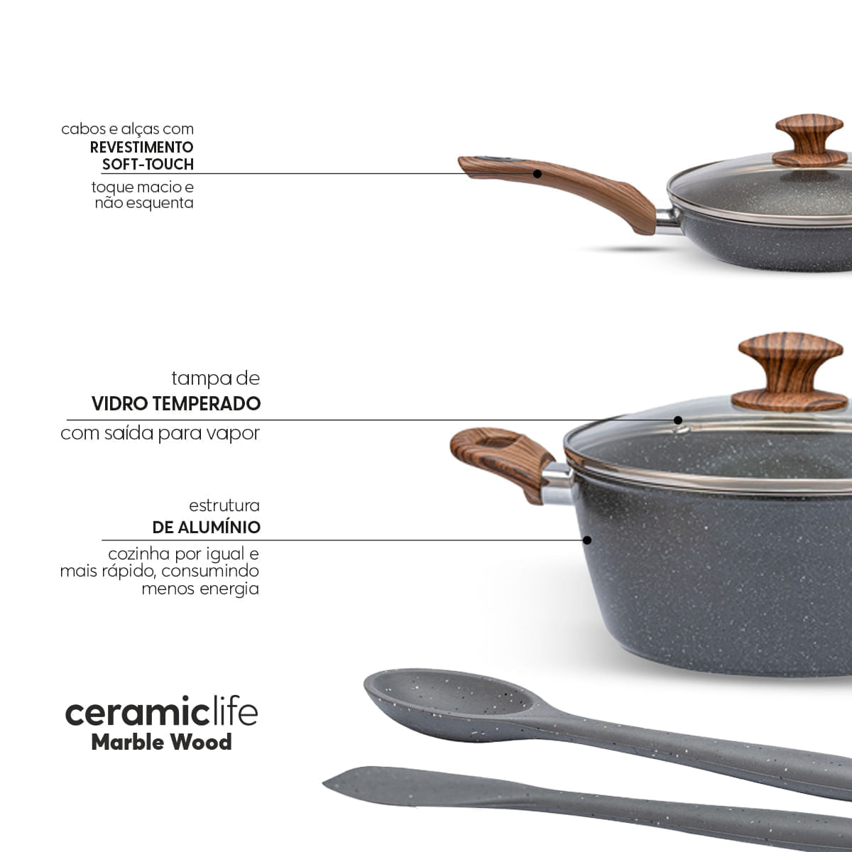 Jogo de Panelas Brinox Antiaderente Ceramic Life 6 Peças Marble Wood com Indução Cinza Escuro
